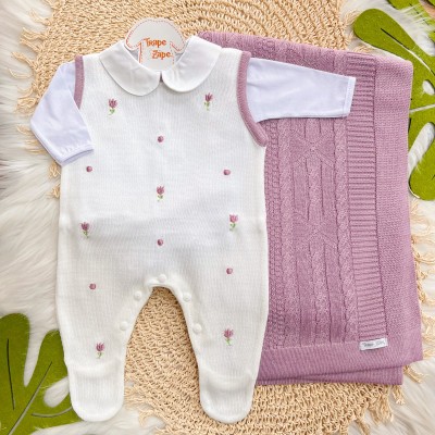 Saída de Maternidade Tulipas - Branco e Lilás
